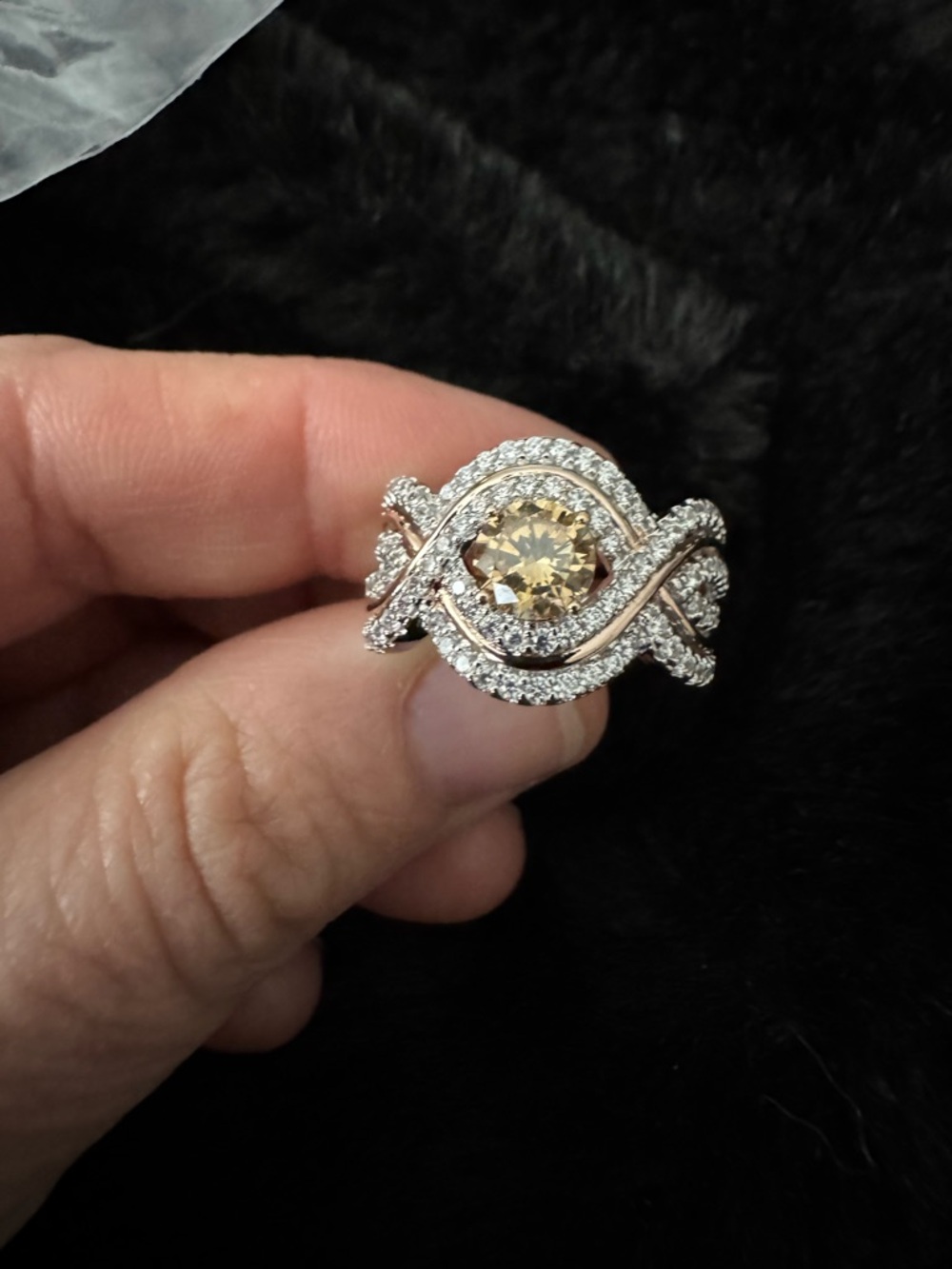 Champagne Center Stone Halo Twist Ring - Women Jewelry